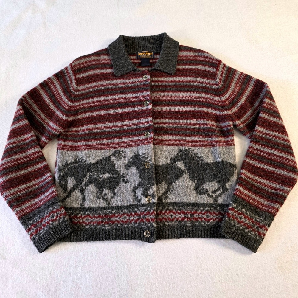 Woolrich Womens 100% Wool Horse Intarsia Cardigan Sweater Red Grey Small 9258